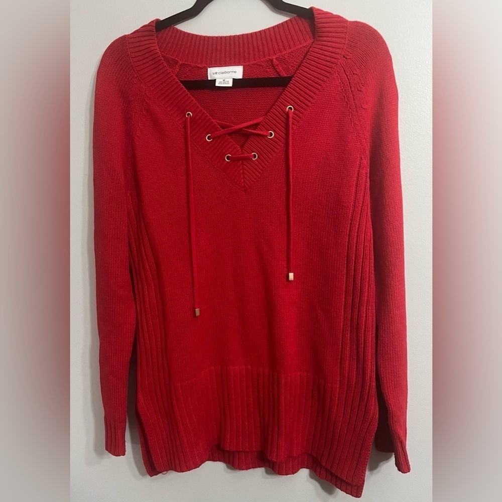 Liz Claiborne Women’s Medium Y2K Lace Up V-Neck Cable Knit Sweater - Picture 1 of 5